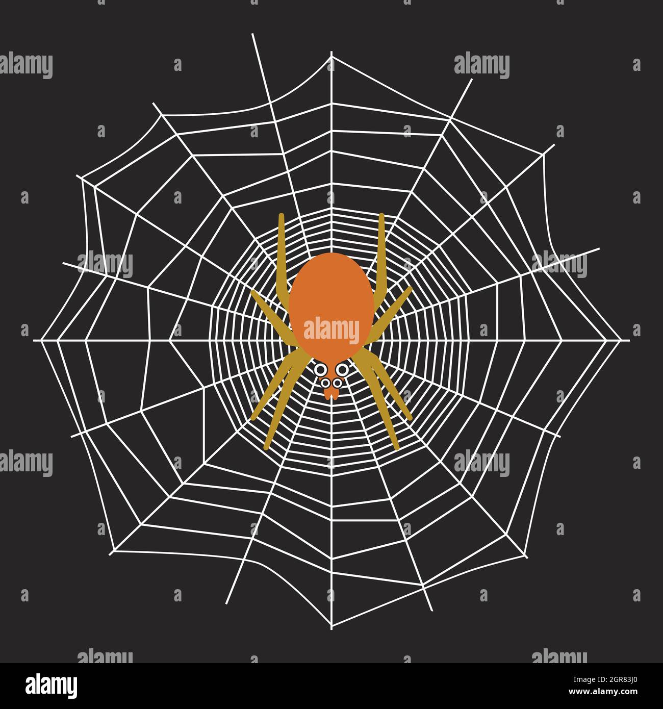 Poisonous spider crawls along web and waits for its prey. Scary arthropod on web. Abstract spiderweb with guide and signal lines on black background. Stock Vector