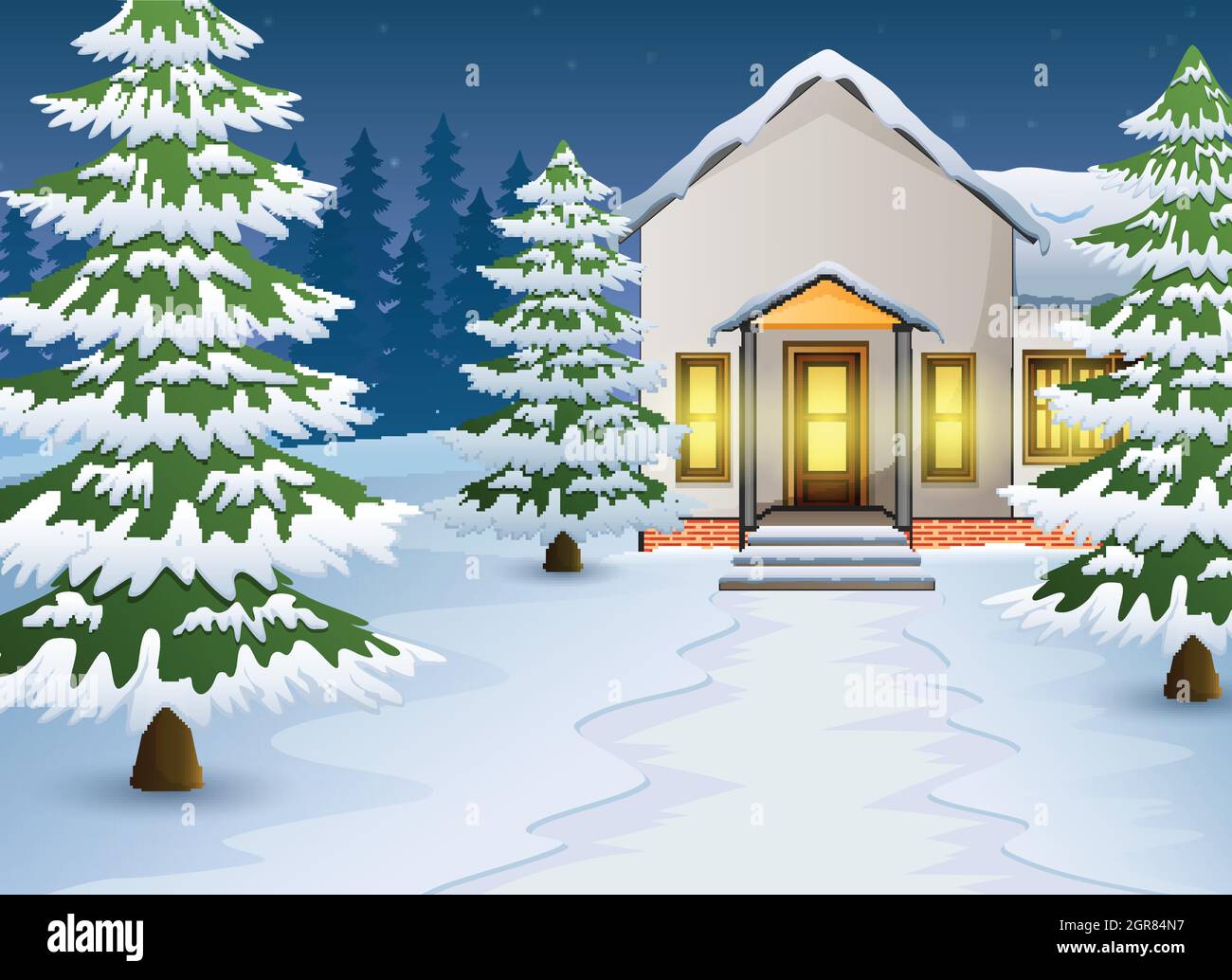 Cartoon of winter landscape with house and snow on the street Stock Vector