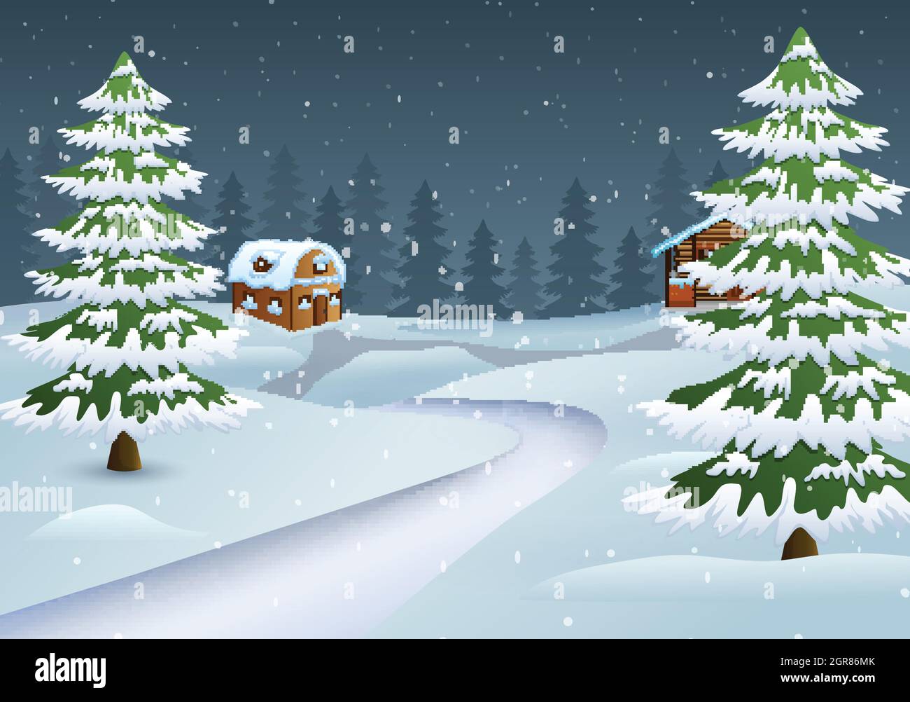 Christmas night scene with a snowy wooden house and fir trees Stock ...