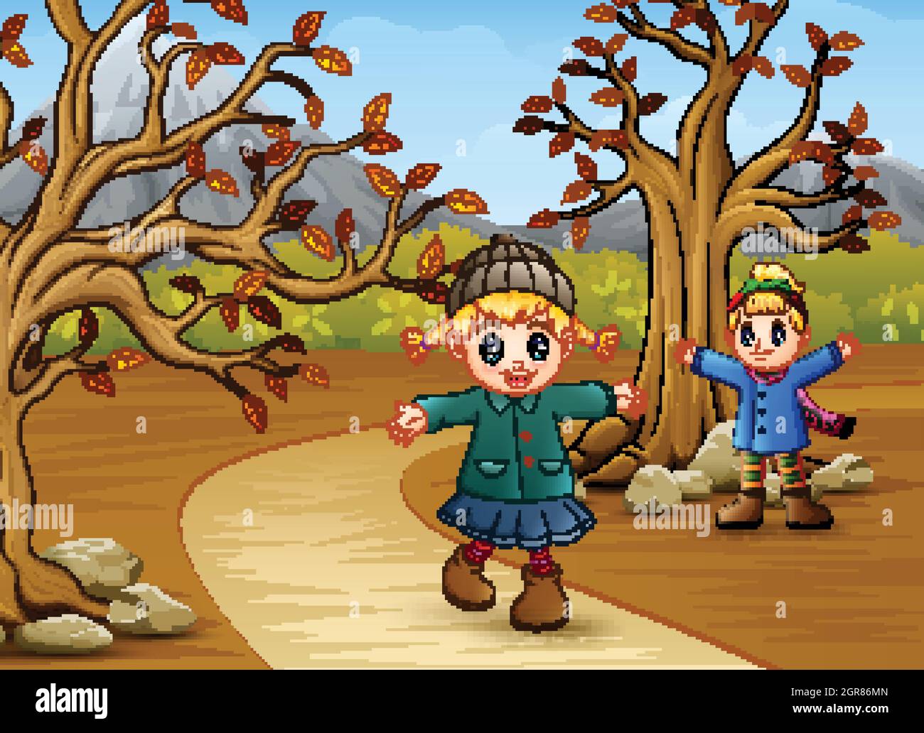 Happy kids playing in the autumn park Stock Vector