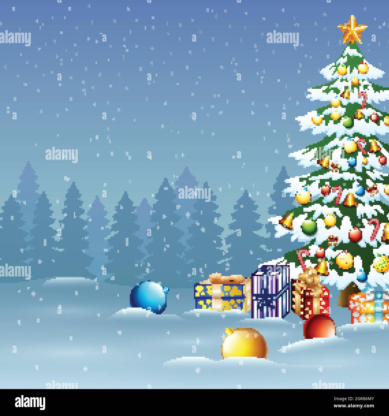 Christmas tree in winter background with gift boxes and balls Stock ...