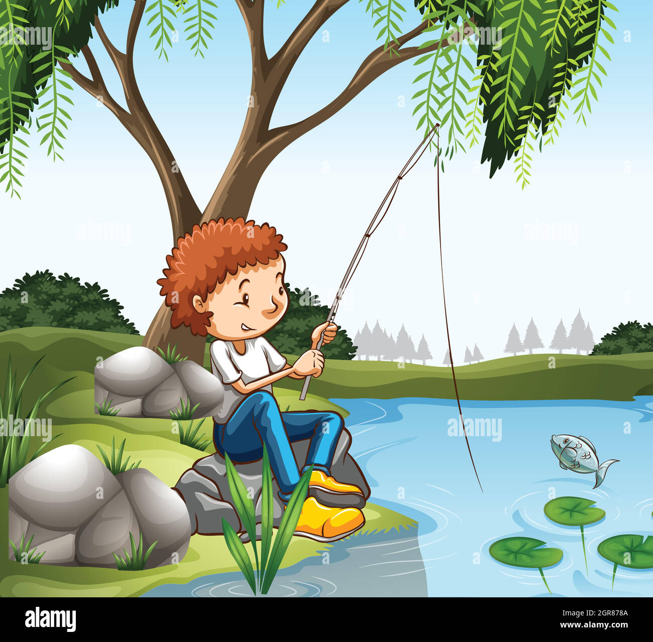 Young boy fishing in pond Stock Vector Image & Art - Alamy