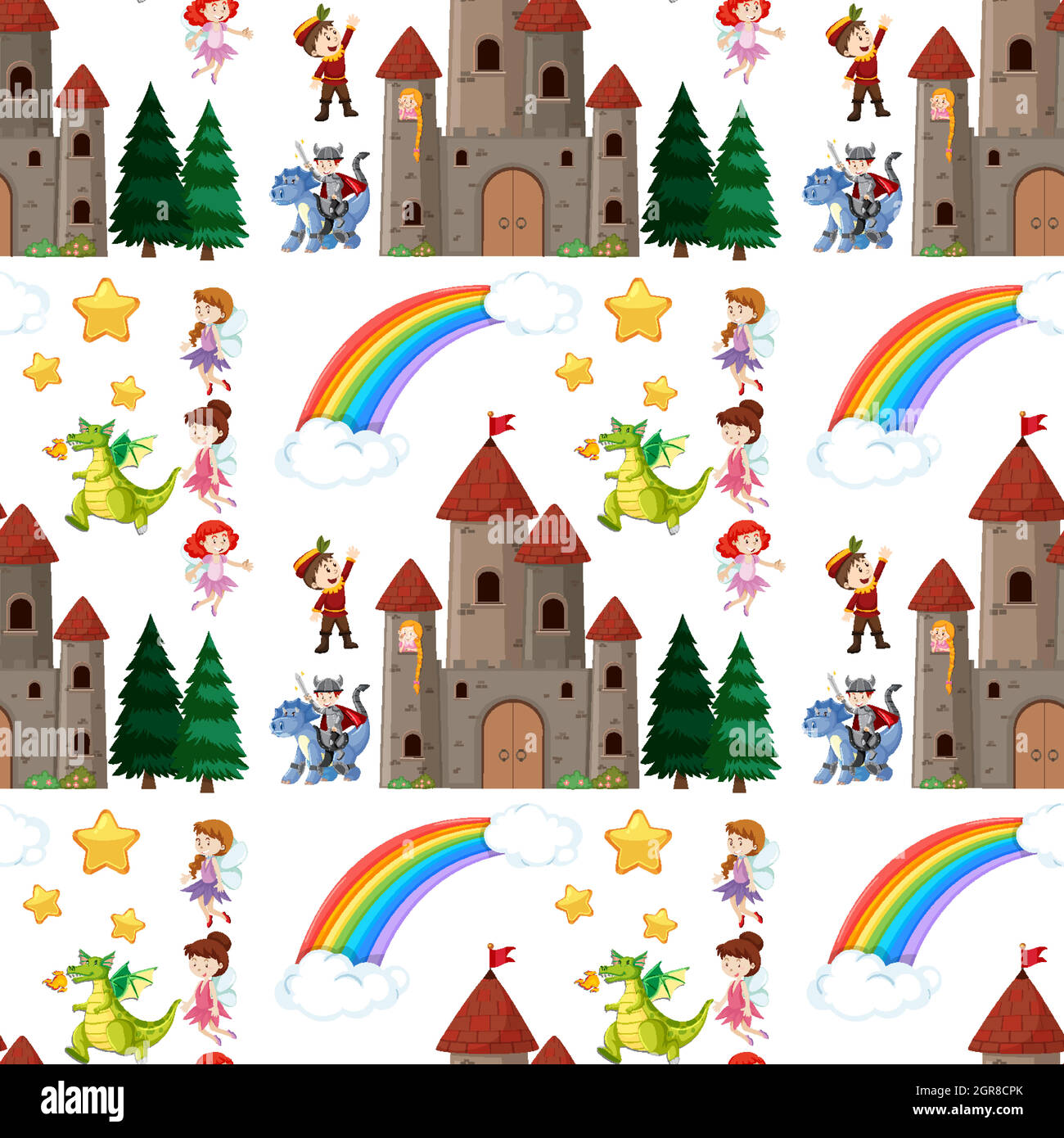 Seamless children is fairy tale castle and dragon with rainbow in the ...
