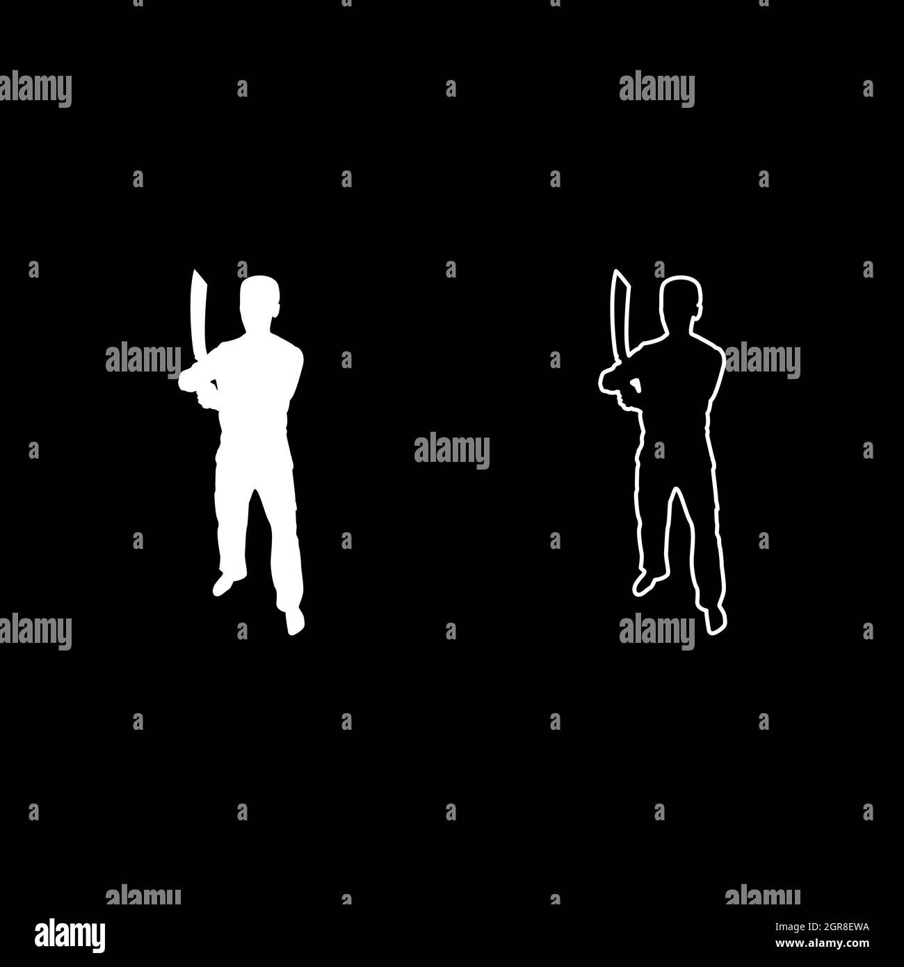 Man with sword machete Cold weapons in hand military man Soldier Serviceman in positions Hunter with knife Fight poses Strong defender Warrior concept Weaponry Stand silhouette white color vector illustration solid outline style image Stock Vector