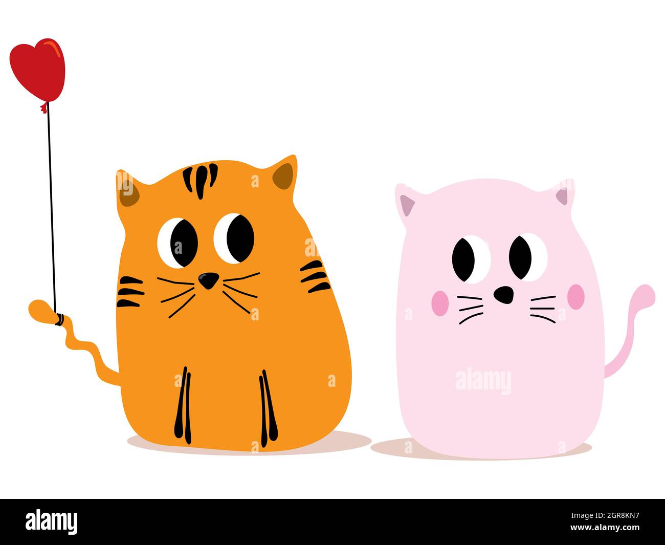 Cute cartoon with two cats with romantic mood, boy cat use tail to hold small heart shape balloon, looking at girl pink cat, isolated cartoon cat on w Stock Photo