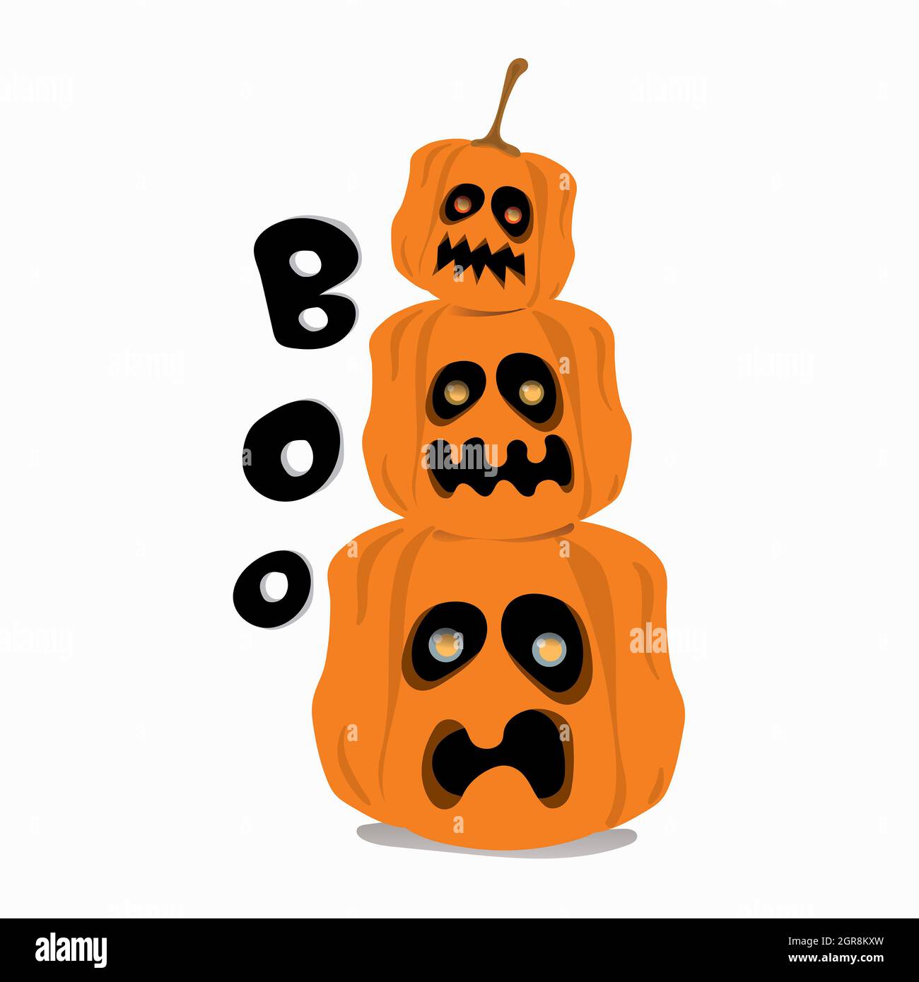 Stack of three pumpkins together, cartoon Halloween pumpkins with Boo, isolated cartoon on white background. Stock Photo