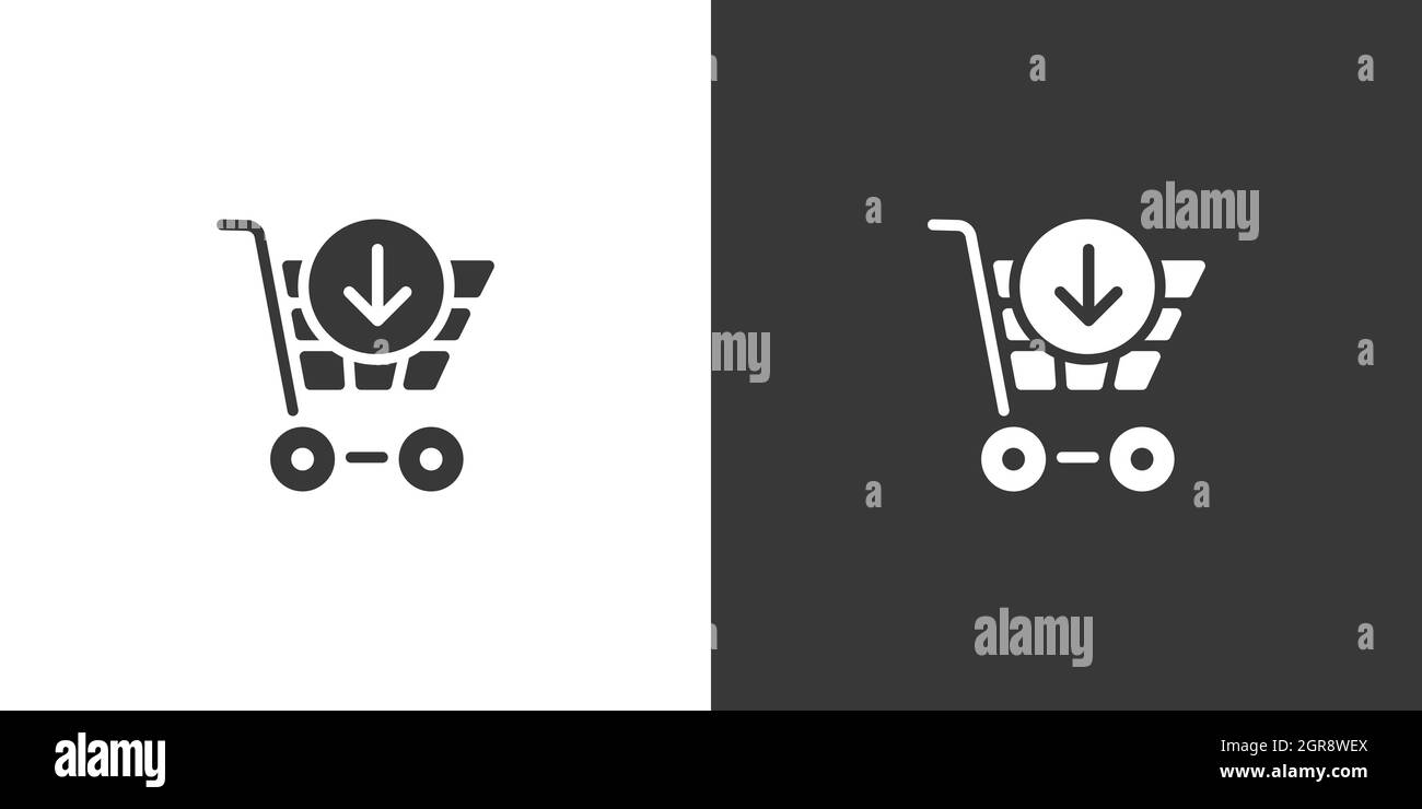 Shopping cart. Down arrow. Isolated icon on black and white background. Commerce glyph vector illustration Stock Vector