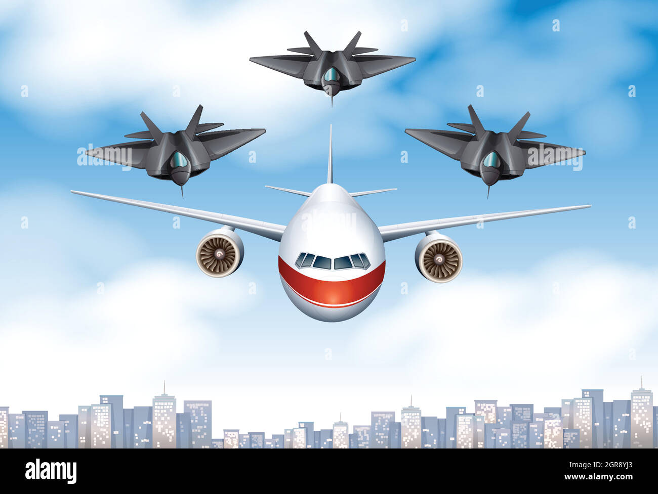 One commercial airplane and three fighting planes in the sky Stock Vector