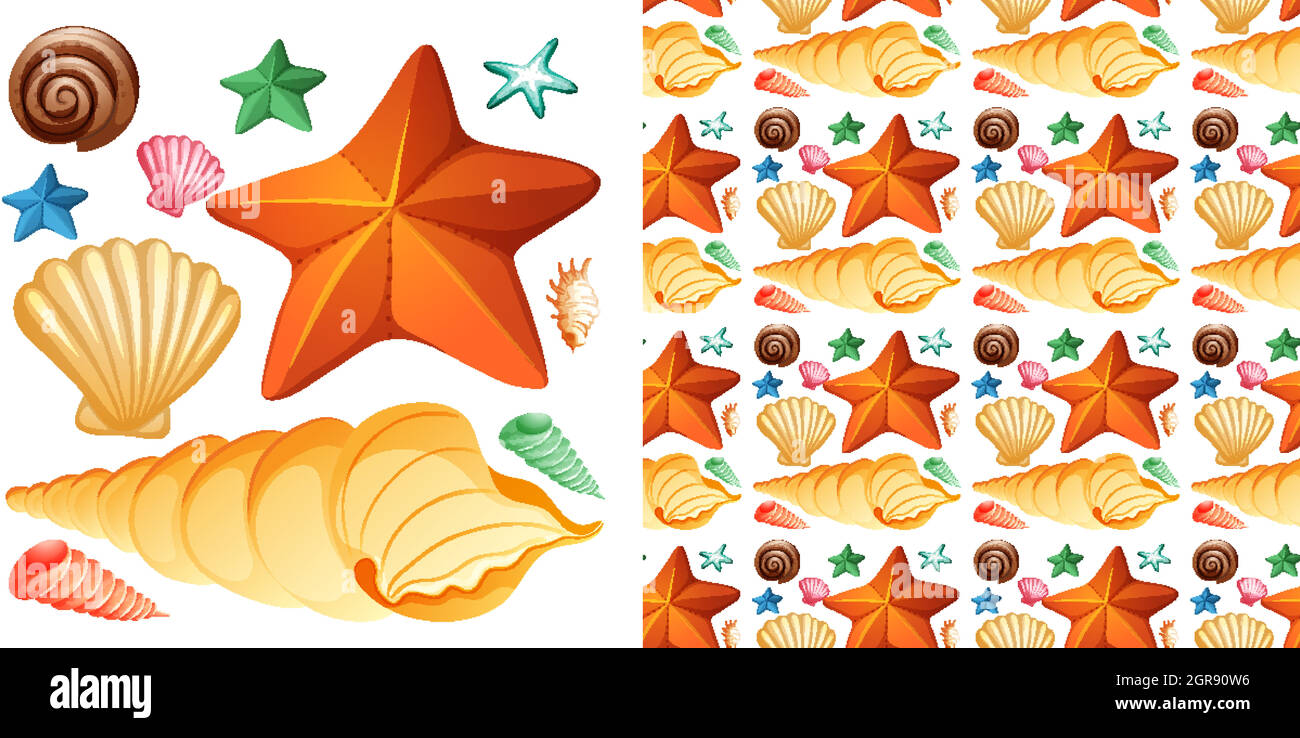 Seamless background design with isolated set of seashells and starfish ...