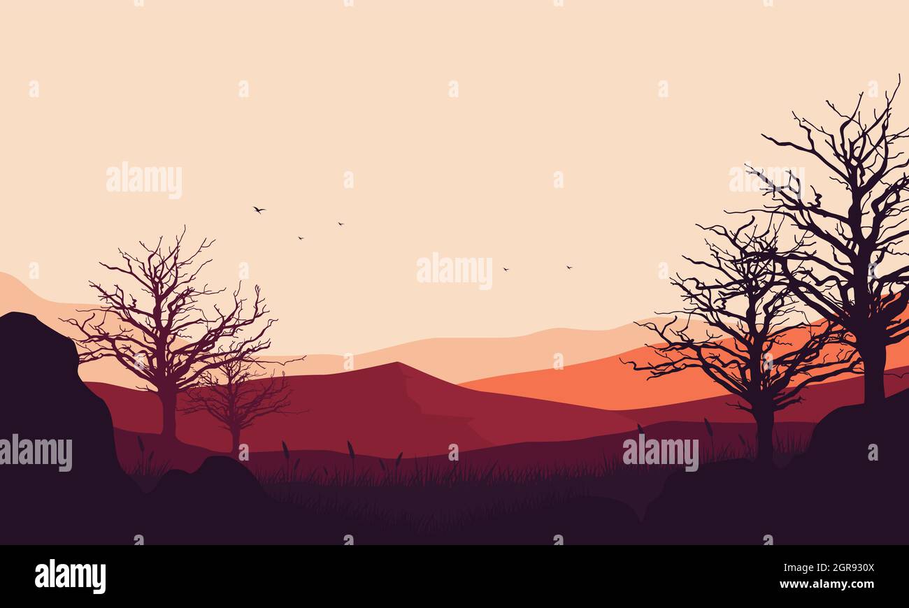 Aesthetic Silhouette View Of Mountains With Dry Trees At Dusk From The Edge Of The City Vector Illustration Of A City Stock Vector Image Art Alamy