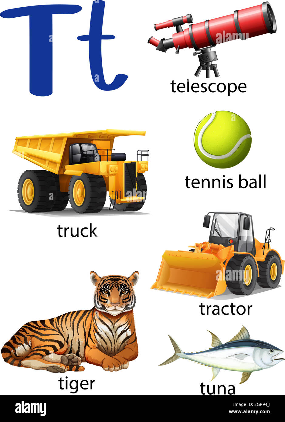 Letter T for telescope, truck, tennis ball, tractor, tiger and tune Stock  Vector Image & Art - Alamy