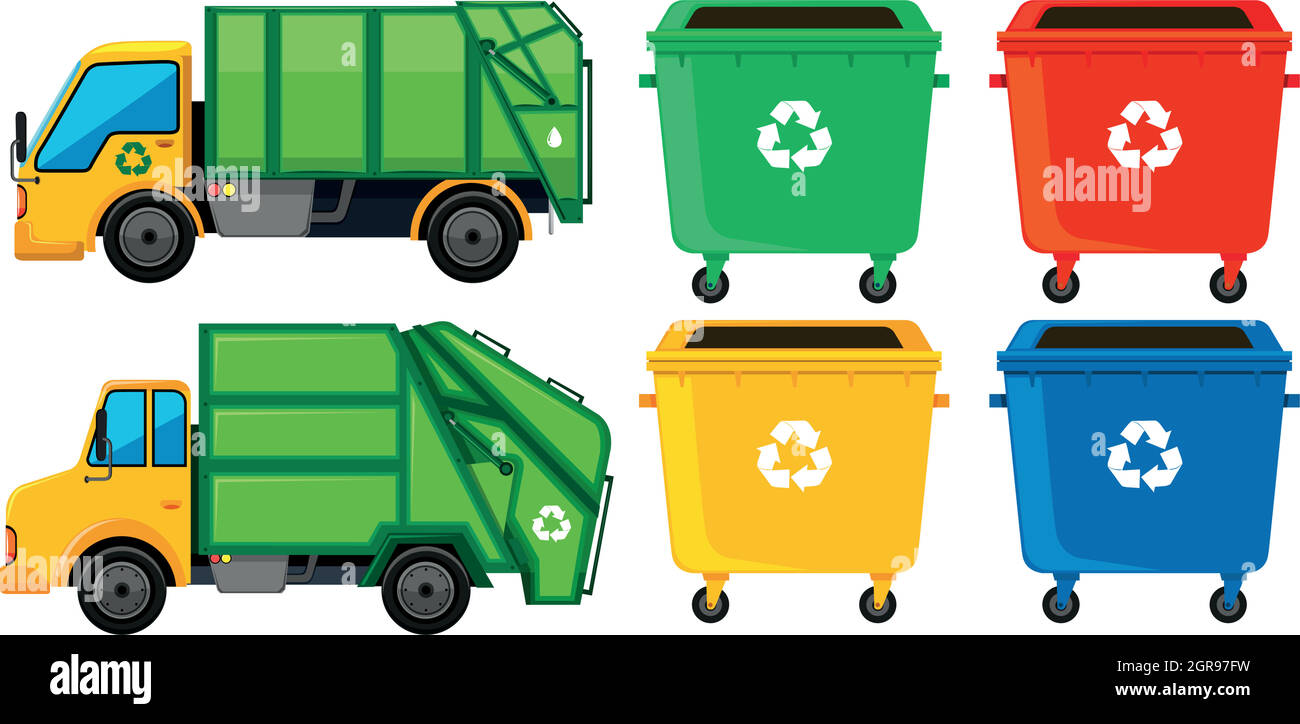 Rubbish truck and cans in four colors Stock Vector