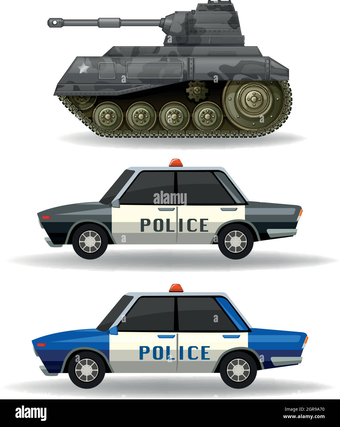 Police cars and military tank Stock Vector