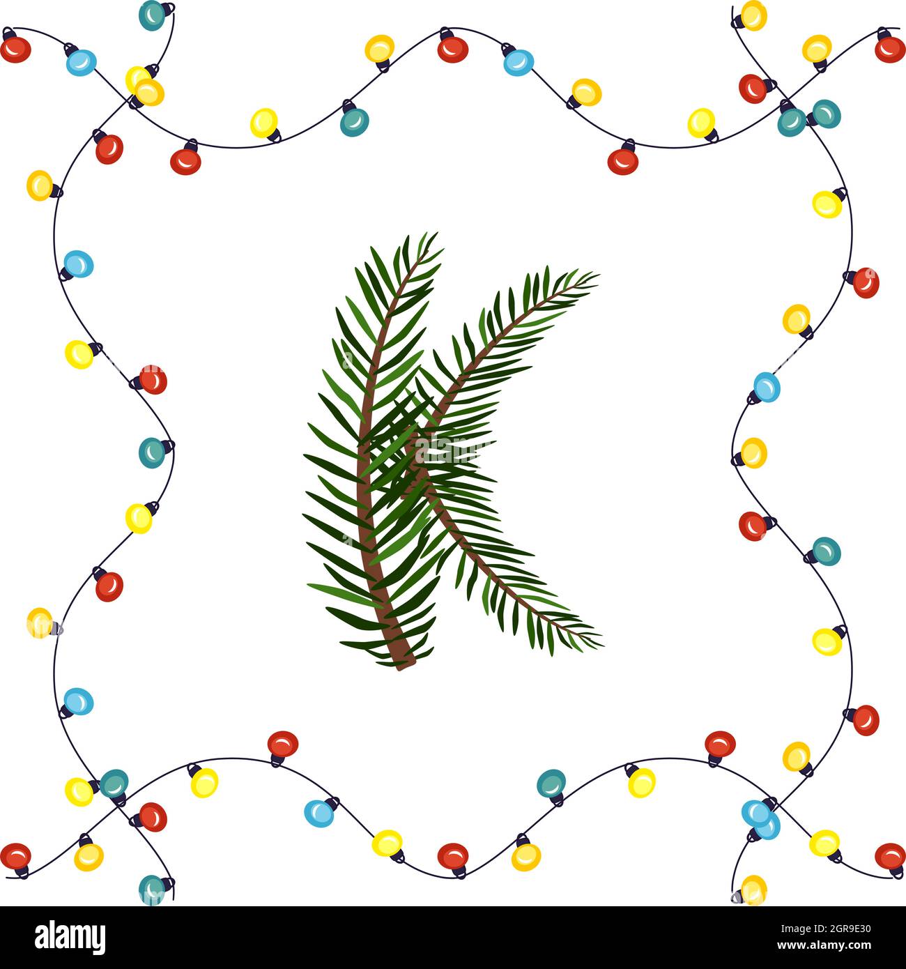 Letter K from green Christmas tree branches. Festive font and frame from garland, symbol of happy New Year and Christmas, sign from alphabet Stock Vector