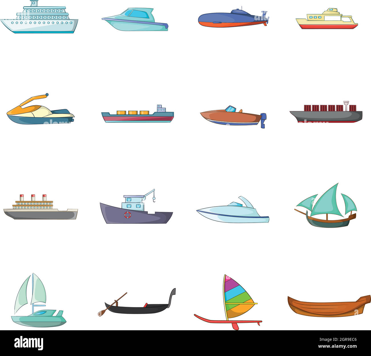 Ship and boat icons set, cartoon style Stock Vector