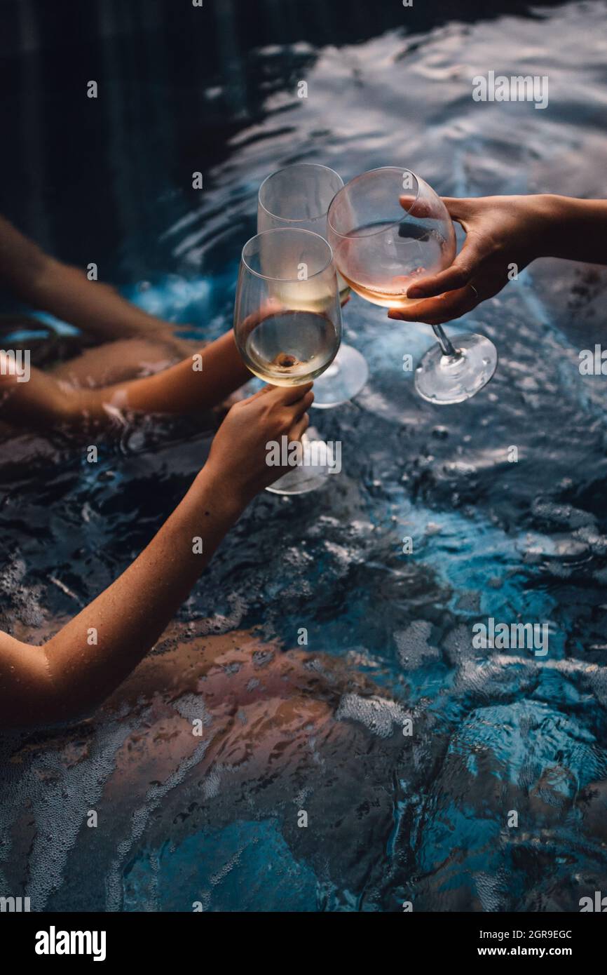 Ladies Women Friends With Wine Glasses Cheers Hot Tub Summer Stock Photo