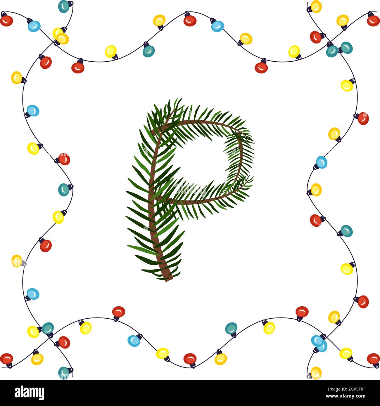 Letter P from green Christmas tree branches. Festive font and frame from garland, symbol of happy New Year and Christmas, sign from alphabet Stock Vector