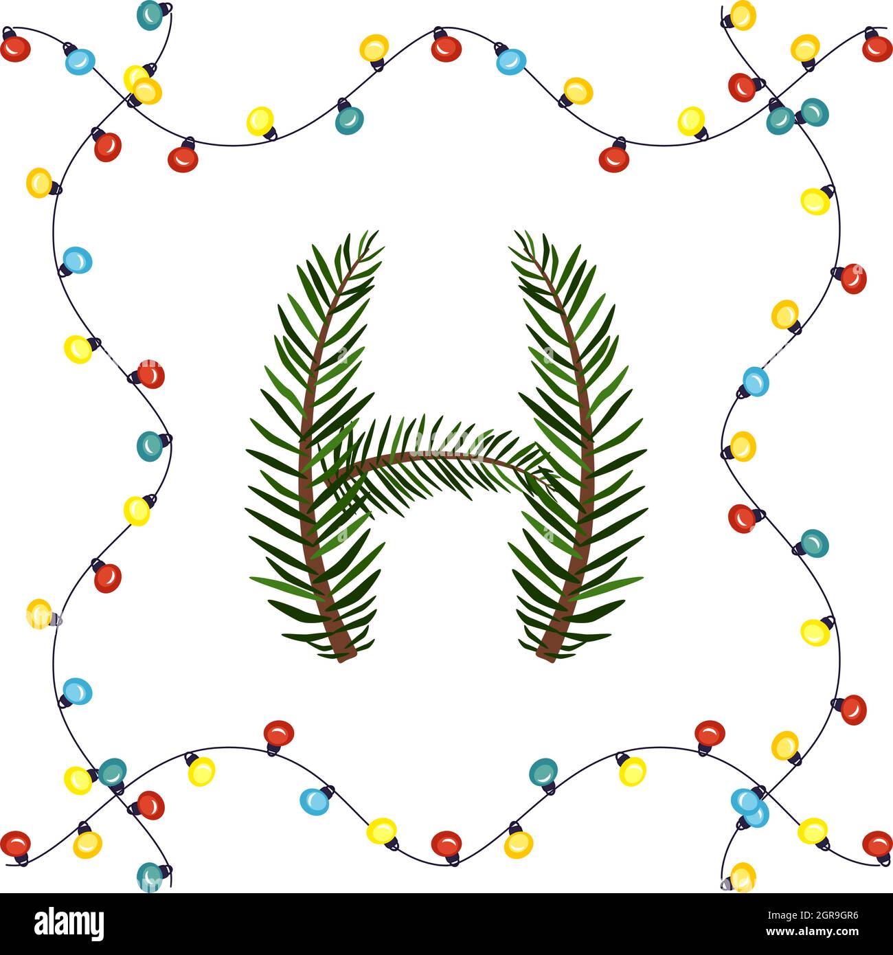 Letter H from green Christmas tree branches. Festive font and frame from garland, symbol of happy New Year and Christmas, sign from alphabet Stock Vector