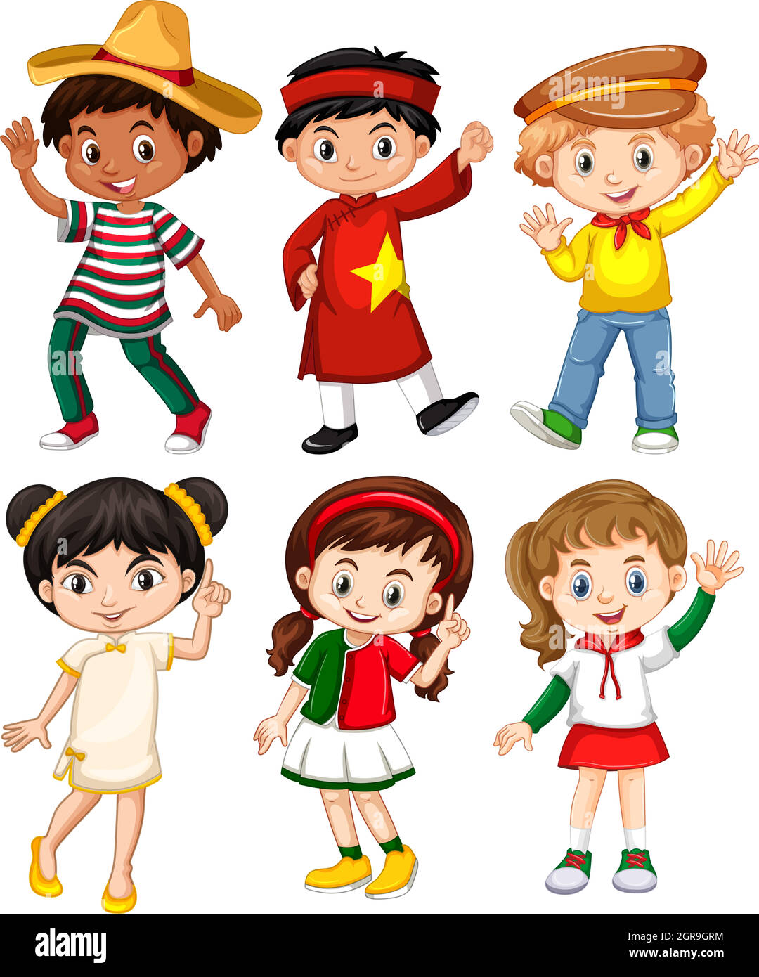 Boys and girls in different country costume Stock Vector