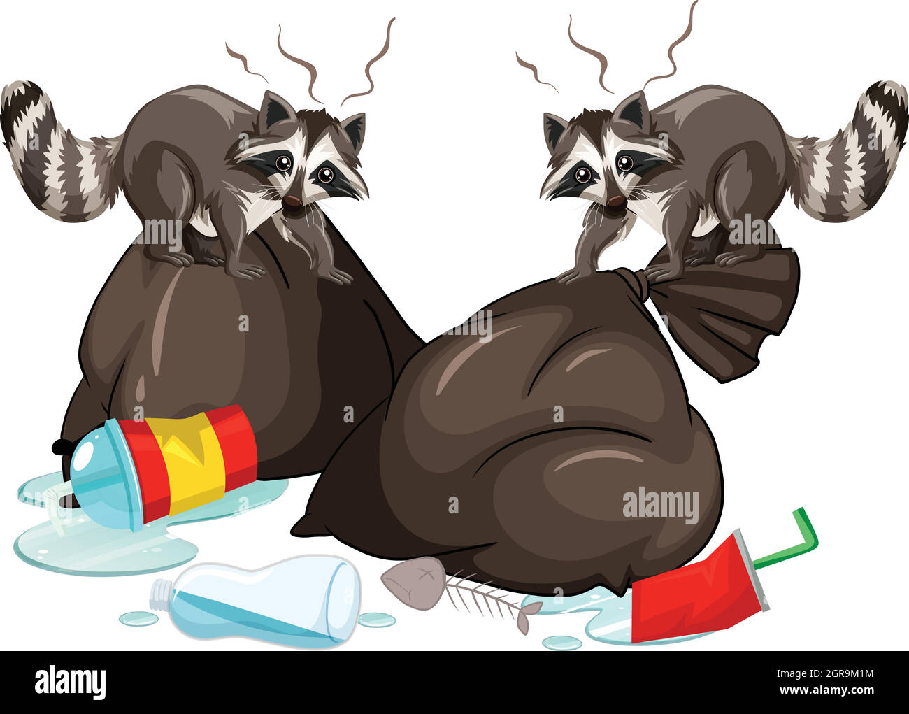 Two raccoons searching trash Stock Vector