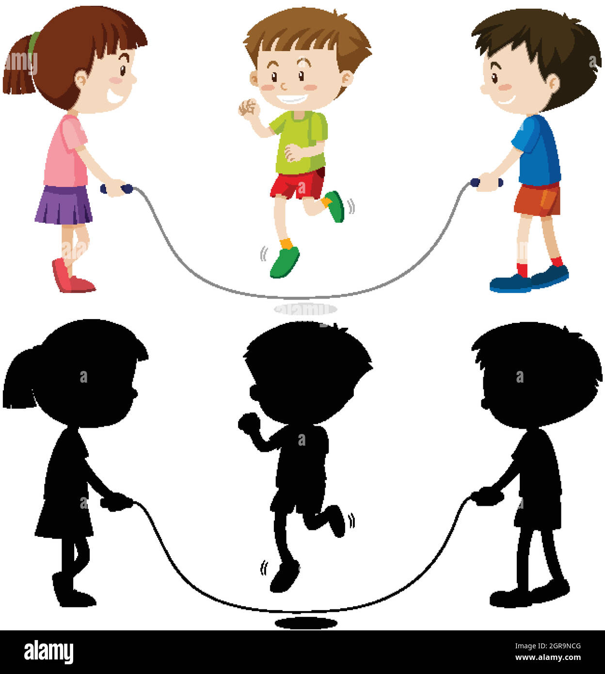 Three kids playing jump rope in color and in outline and silhouette Stock  Vector Image & Art - Alamy