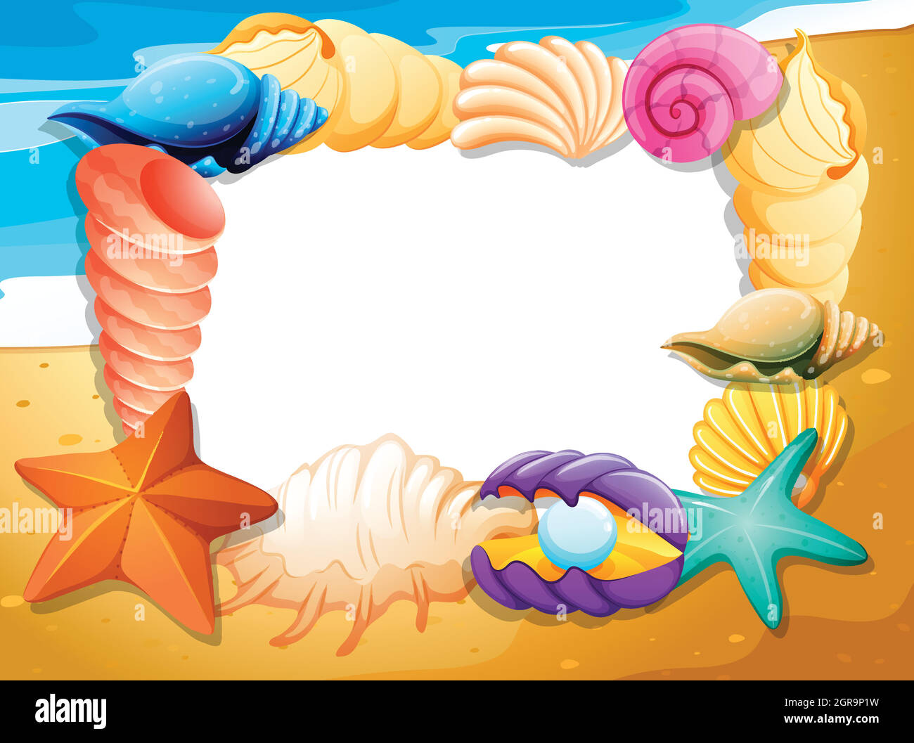 Border template with seashells on beach Stock Vector