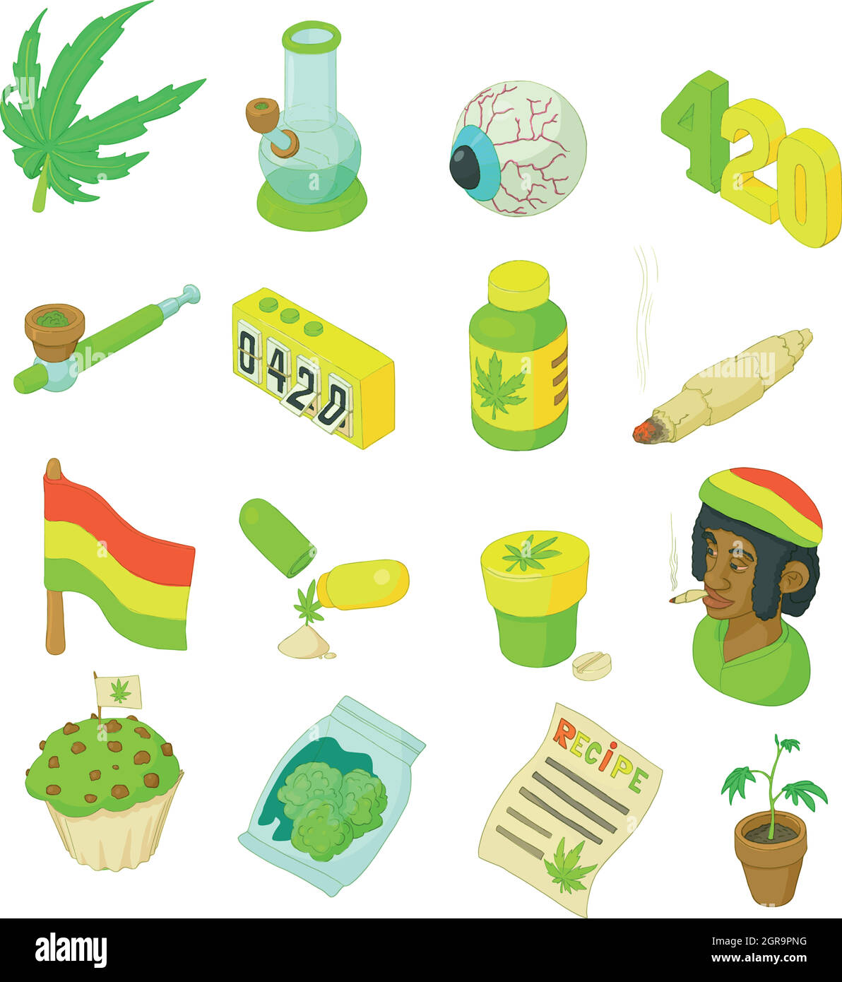Rastafarian icons set, cartoon style Stock Vector