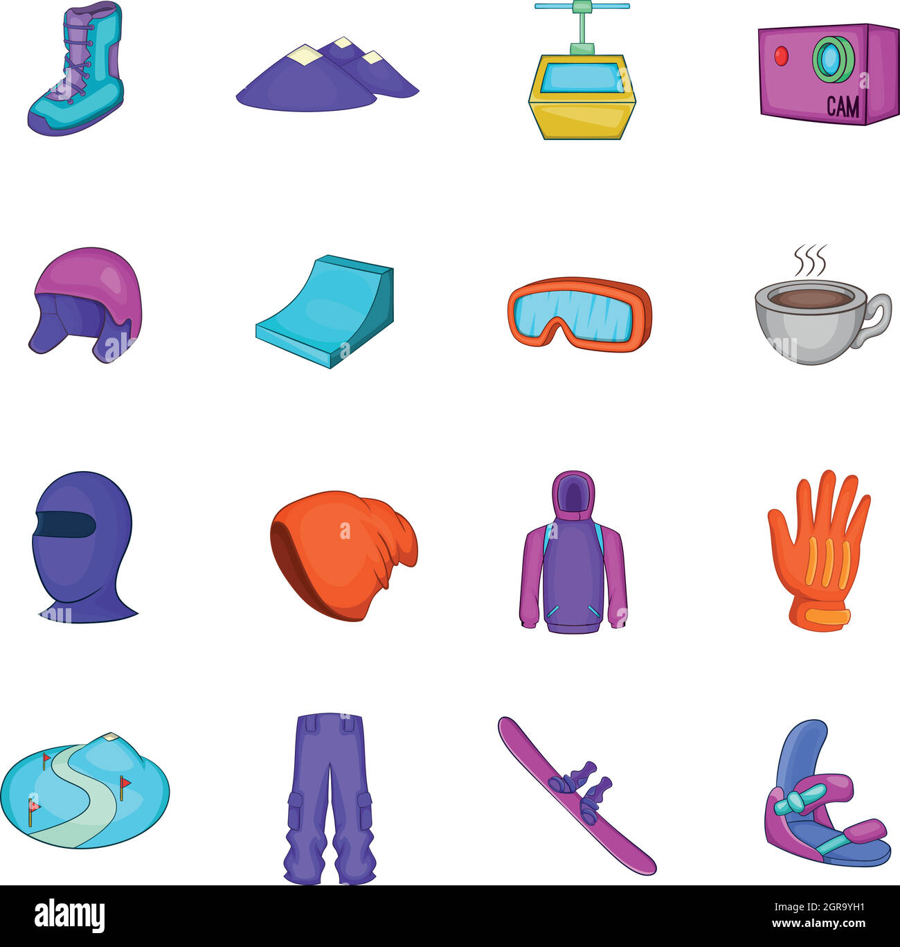 Snowboarding icons set, cartoon style Stock Vector