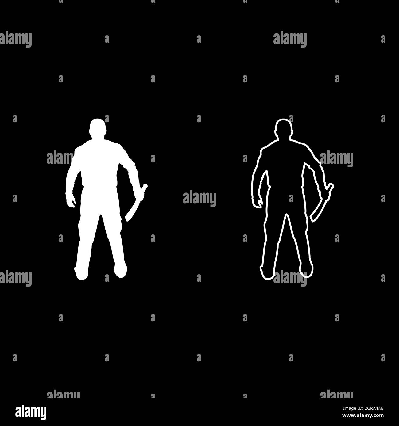 Man with sword machete Cold weapons in hand military man Soldier Serviceman in positions Hunter with knife Fight poses Strong defender Warrior concept Weaponry Stand View from rear Terrible and scary silhouette white color vector illustration solid outlin Stock Vector