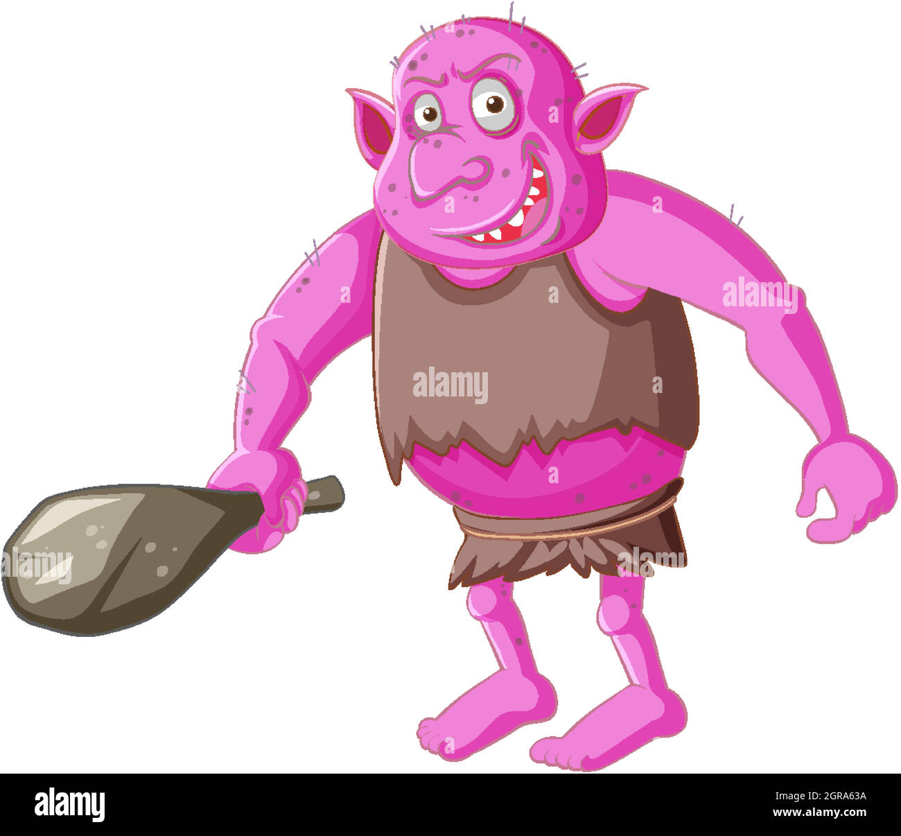 Pink goblin or troll holding hunting tool in cartoon character isolated Stock Vector