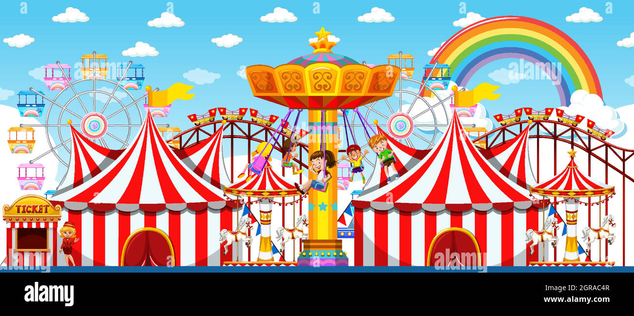 Amusement park scene at daytime with rainbow in the sky Stock Vector ...