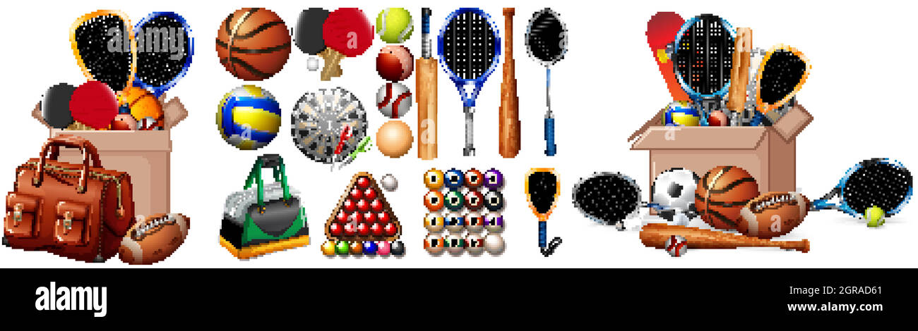 Large set of sport equipments on white background Stock Vector