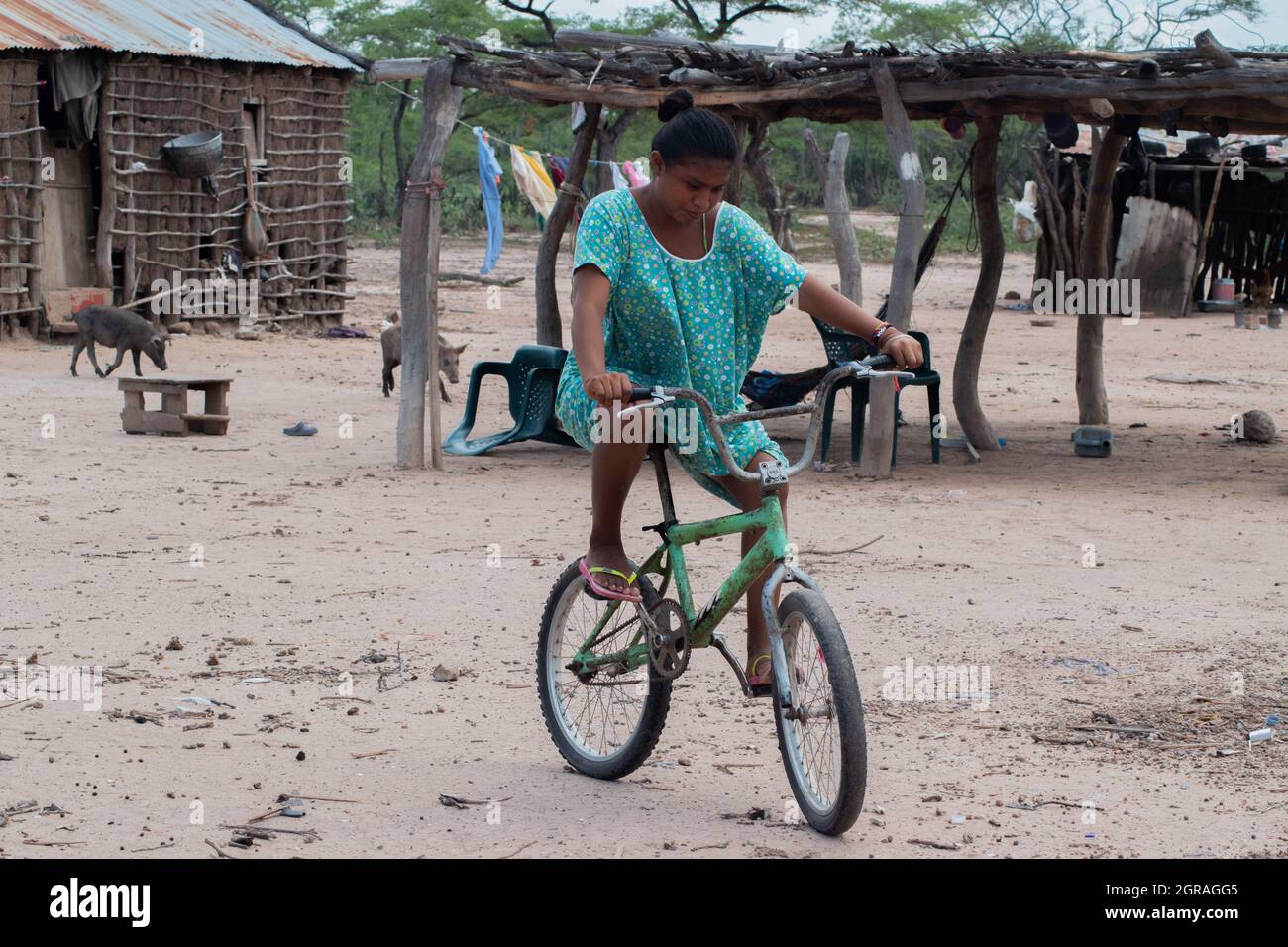 Mayapo, Colombia. 26th Sep, 2021. A teenager rides a rusted bycicle during a Humanitarian Mission developed by 'De Corazon Guajira' in Mayapo at La Guajira - Colombia were they visited the Wayuu indigenous communities 'Pactalia, Poromana, Perrohuila' on September 26, 2021. The Guajira region in Colombia is the poorest region in Colombia, with its people commongly living without drinkable water, electricity and food. Credit: Long Visual Press/Alamy Live News Stock Photo