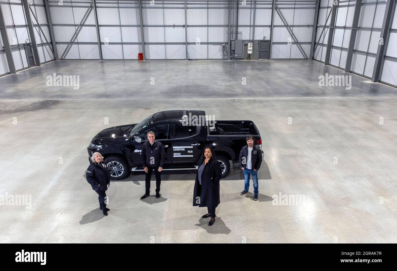 (left to right) Lynn Saunders, head of the Liverpool Film Office, Steve Rotheram, Metro Mayor of Liverpool, Joanna Anderson, Mayor of Liverpool, and Kevin Bell, operations manager at the Liverpool Film Office, at The Depot, Liverpool's new 40,000 square foot purpose-built film and television shooting space. Picture date: Thursday September 23, 2021. Stock Photo