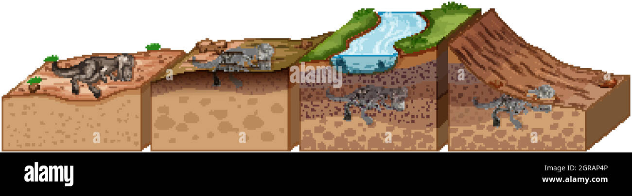 Soil layers with dinosaur fossil Stock Vector