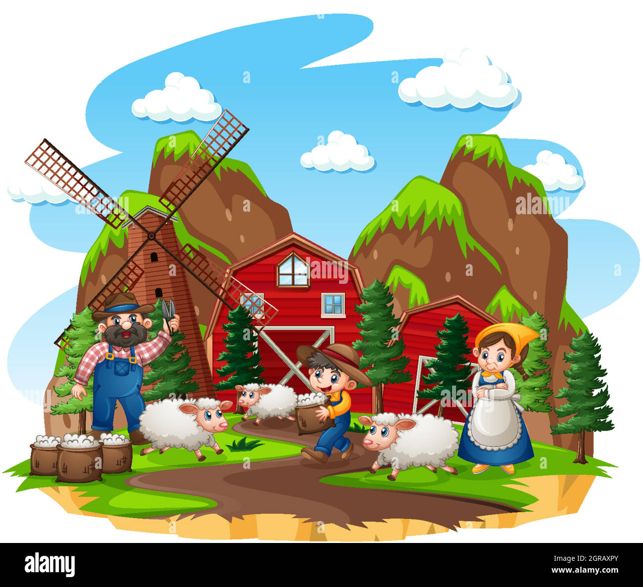 Farm with red barn and windmill on white background Stock Vector Image ...