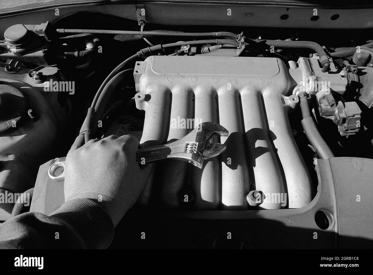 Hands Working On Automobile Engine Stock Photo Alamy