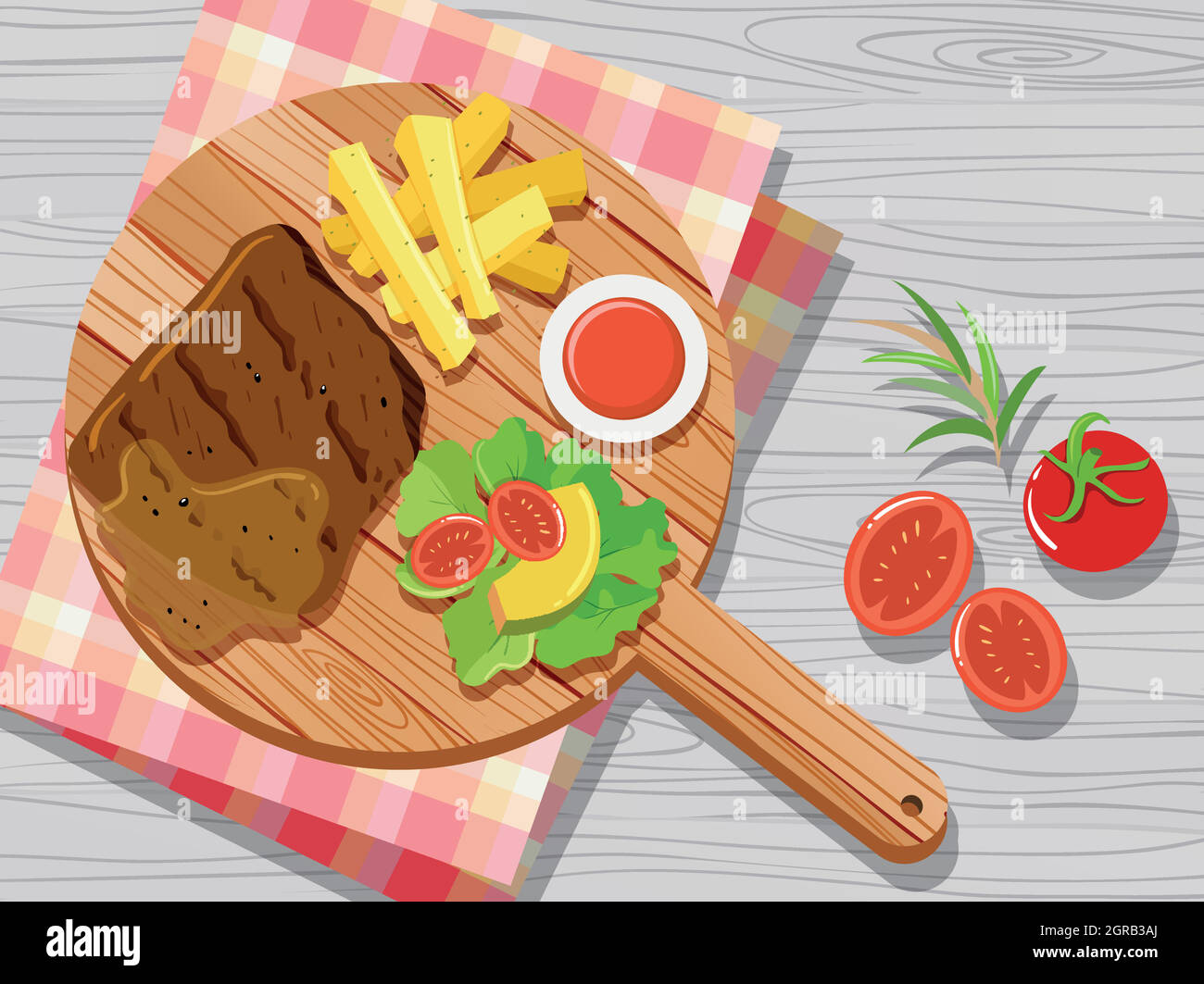 Steak and vegetables on cutting board Stock Vector