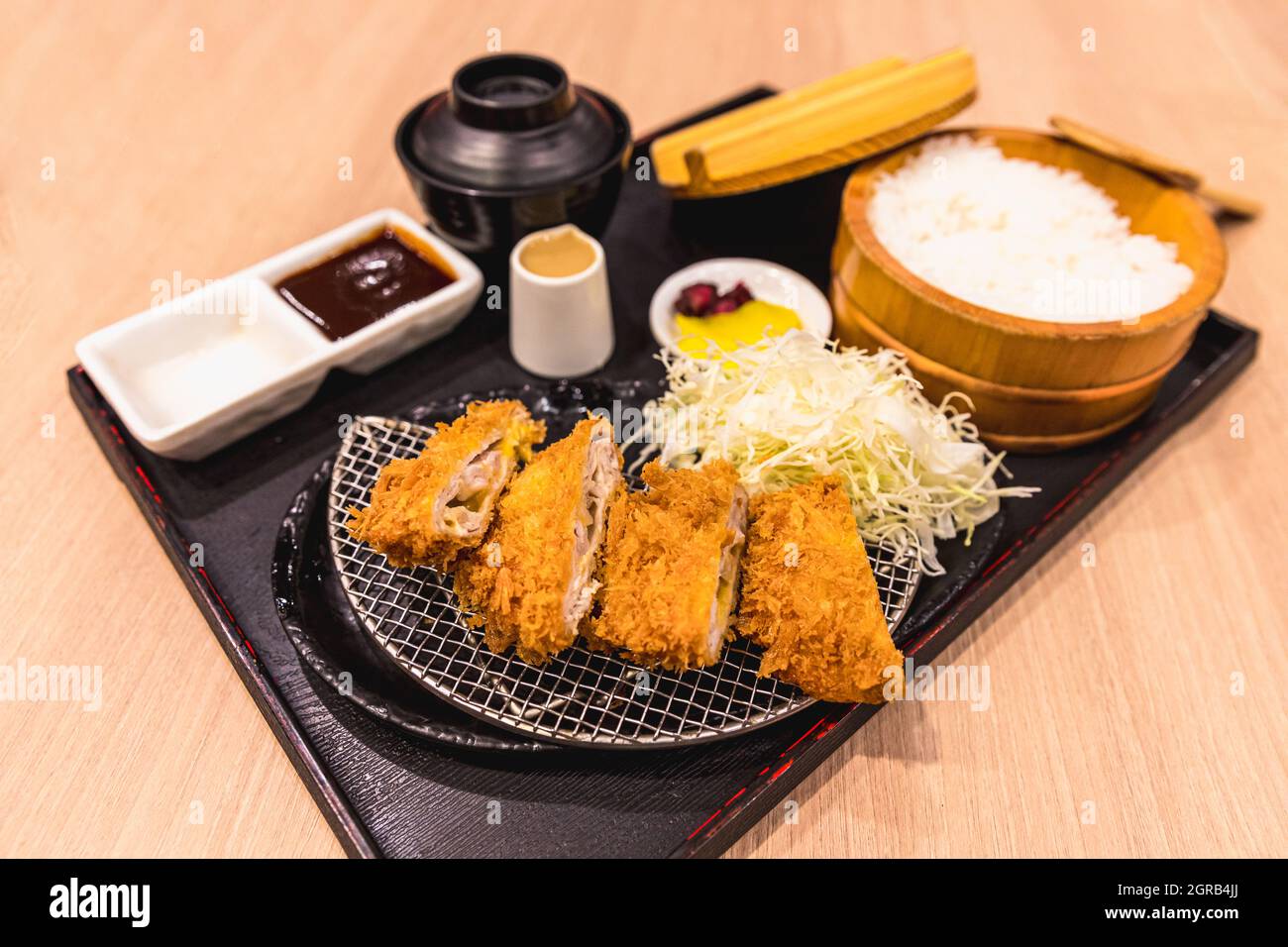 Tonkatsu Set Japanese Food, Deep Fried Breaded Pork Cutlet With Rice, Soup And Sliced Cabbage