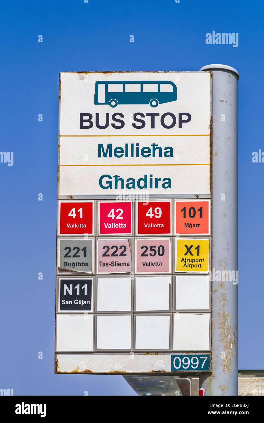 Malta, Mellieha: Malta Public Transport bus stop sign. Stock Photo
