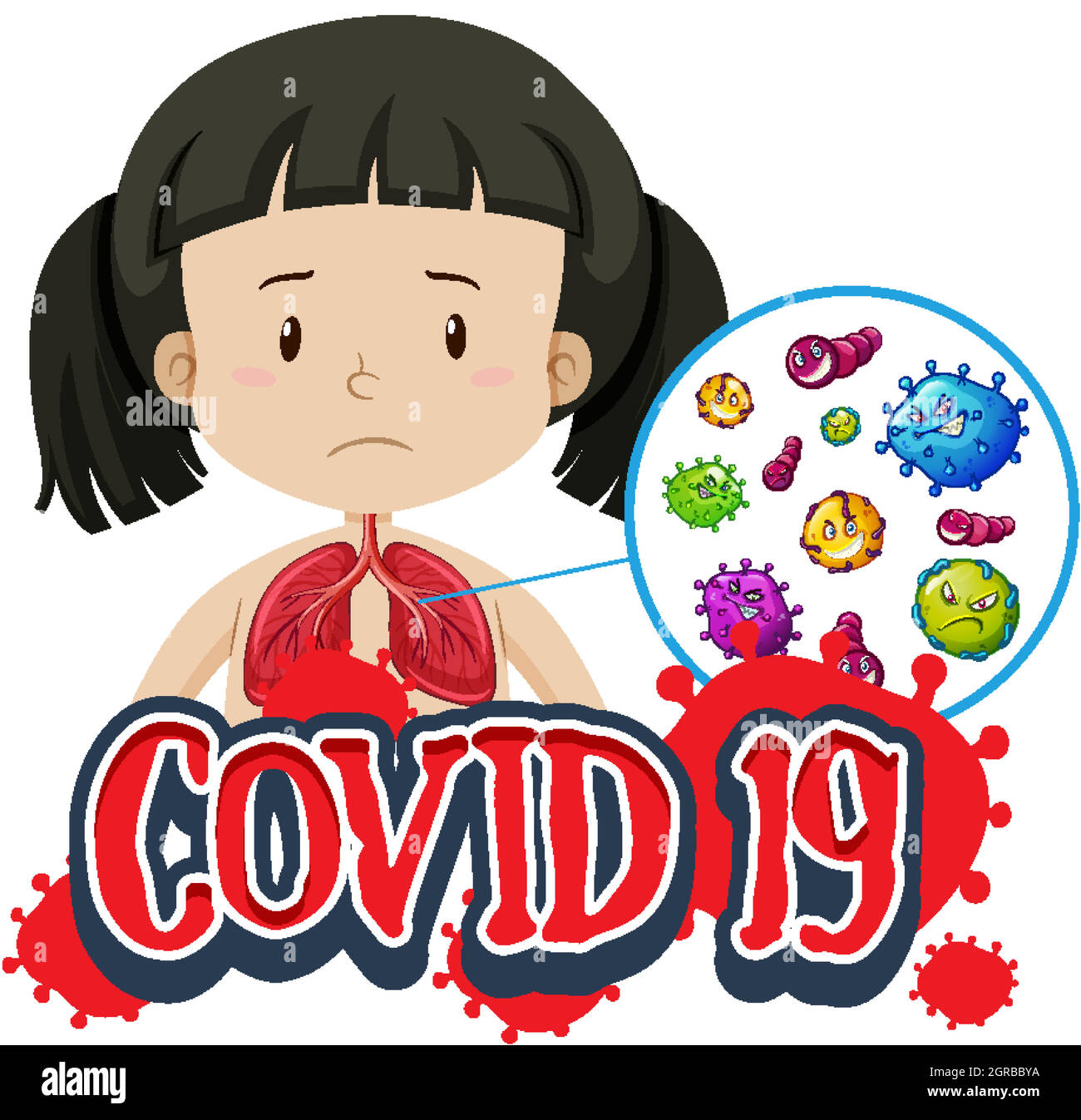 Covid 19 sign template with girl and bad lungs Stock Vector