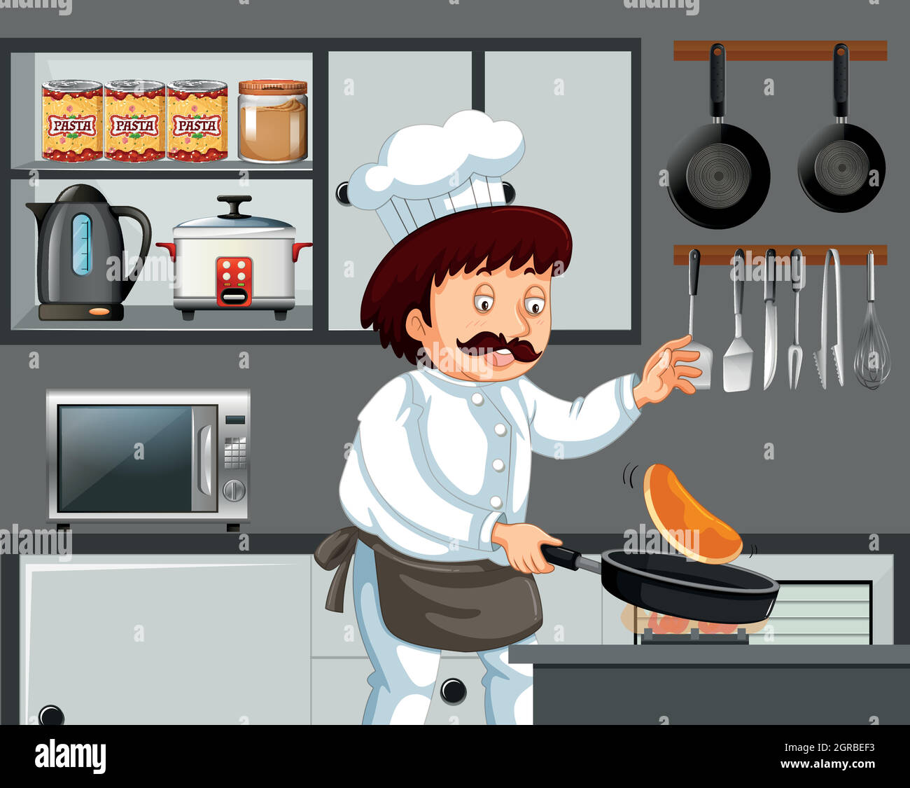 A Chef Cooking Pancake in Kitchen Stock Vector