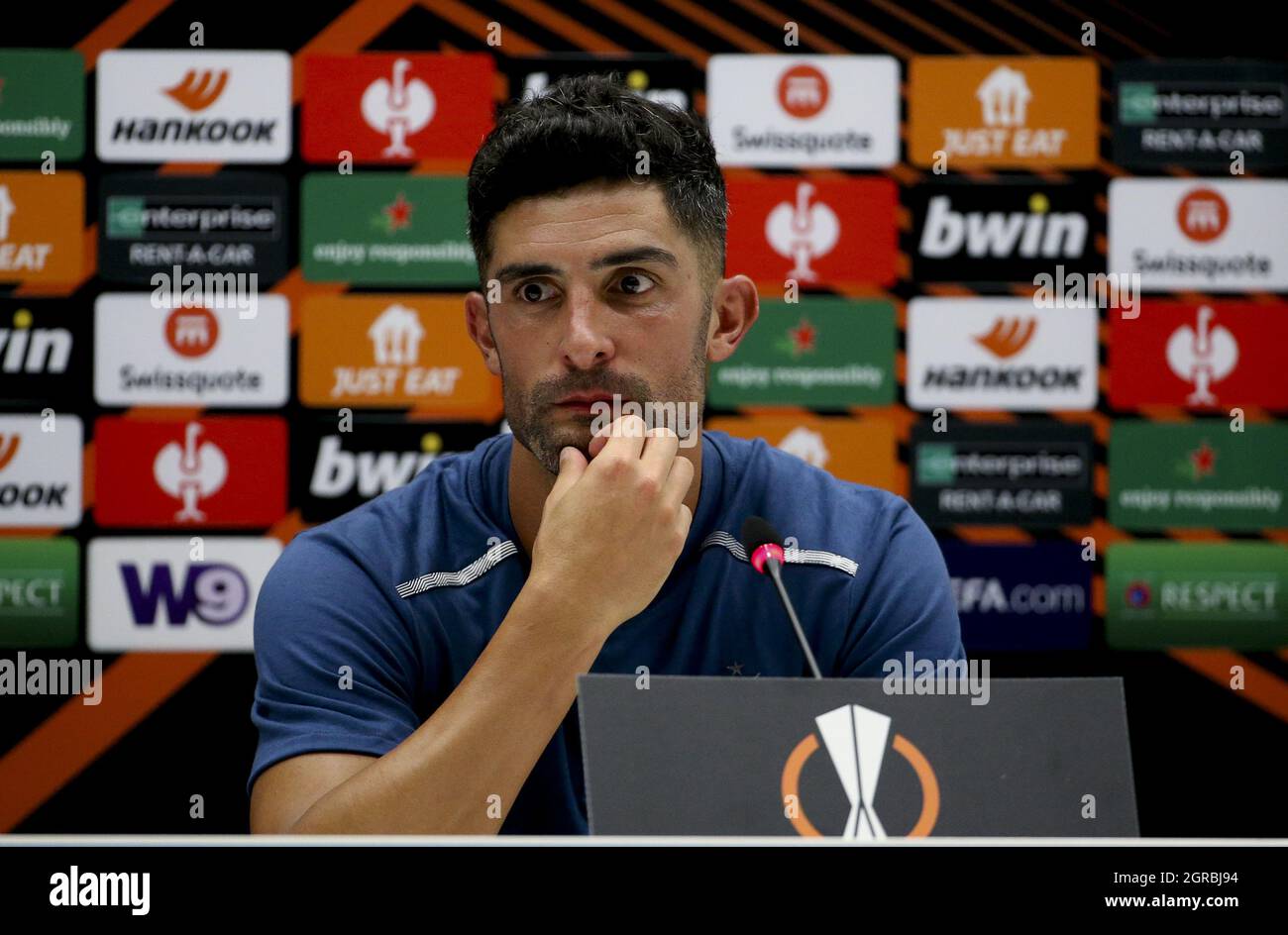 Alvaro Gonzalez of Marseille answers to the media during the post-match press conference following the UEFA Europa League, Group E football match between Olympique de Marseille (OM) and Galatasaray SK on September 30, 2021 at Stade Velodrome in Marseille, France - Photo: Jean Catuffe/DPPI/LiveMedia Stock Photo