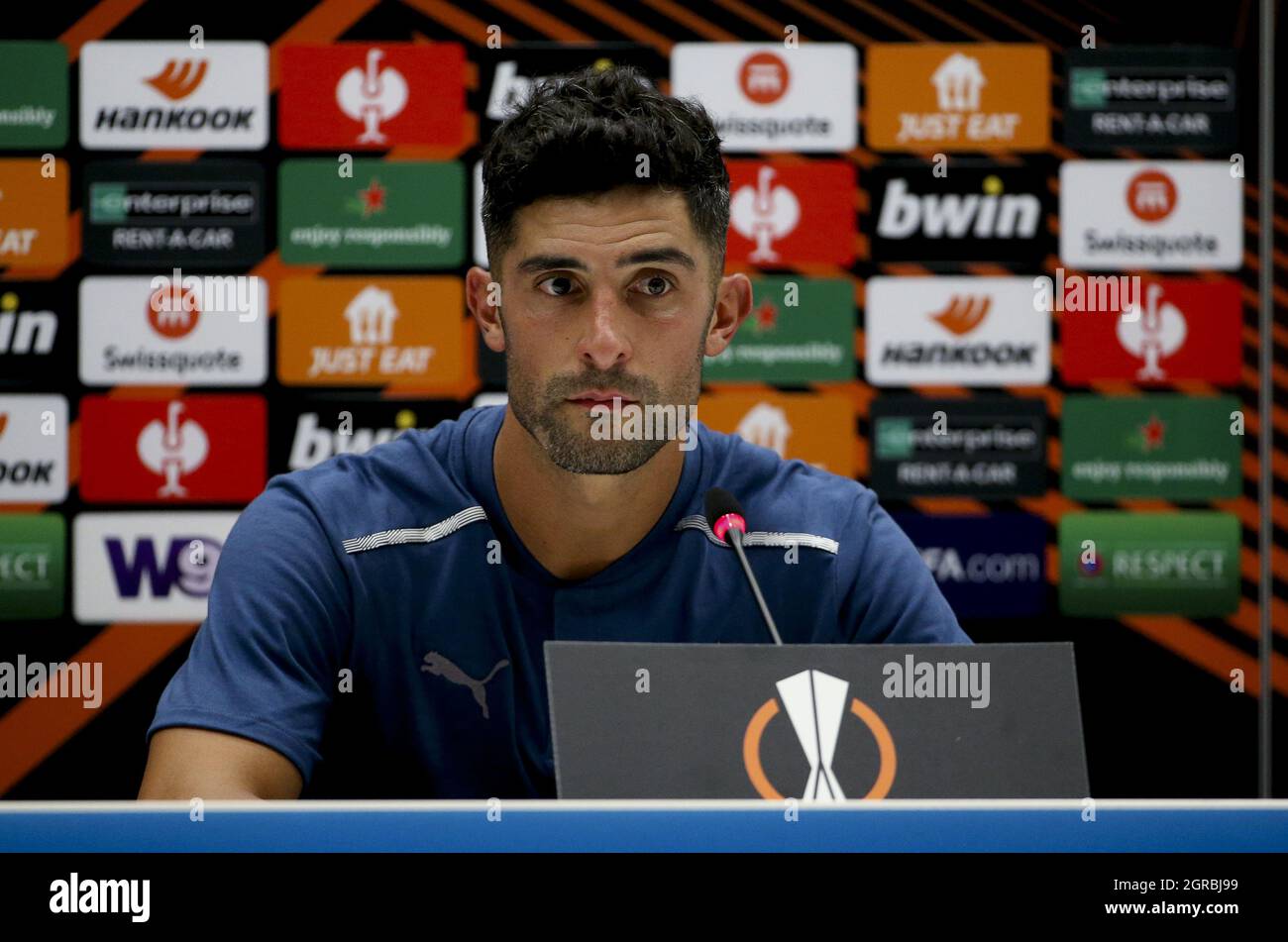 Alvaro Gonzalez of Marseille answers to the media during the post-match press conference following the UEFA Europa League, Group E football match between Olympique de Marseille (OM) and Galatasaray SK on September 30, 2021 at Stade Velodrome in Marseille, France - Photo: Jean Catuffe/DPPI/LiveMedia Stock Photo