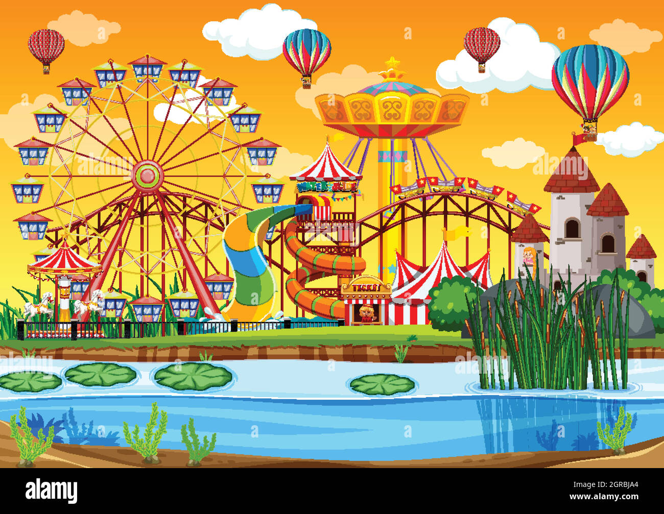 Amusement park with swamp side scene at daytime with balloons in the ...