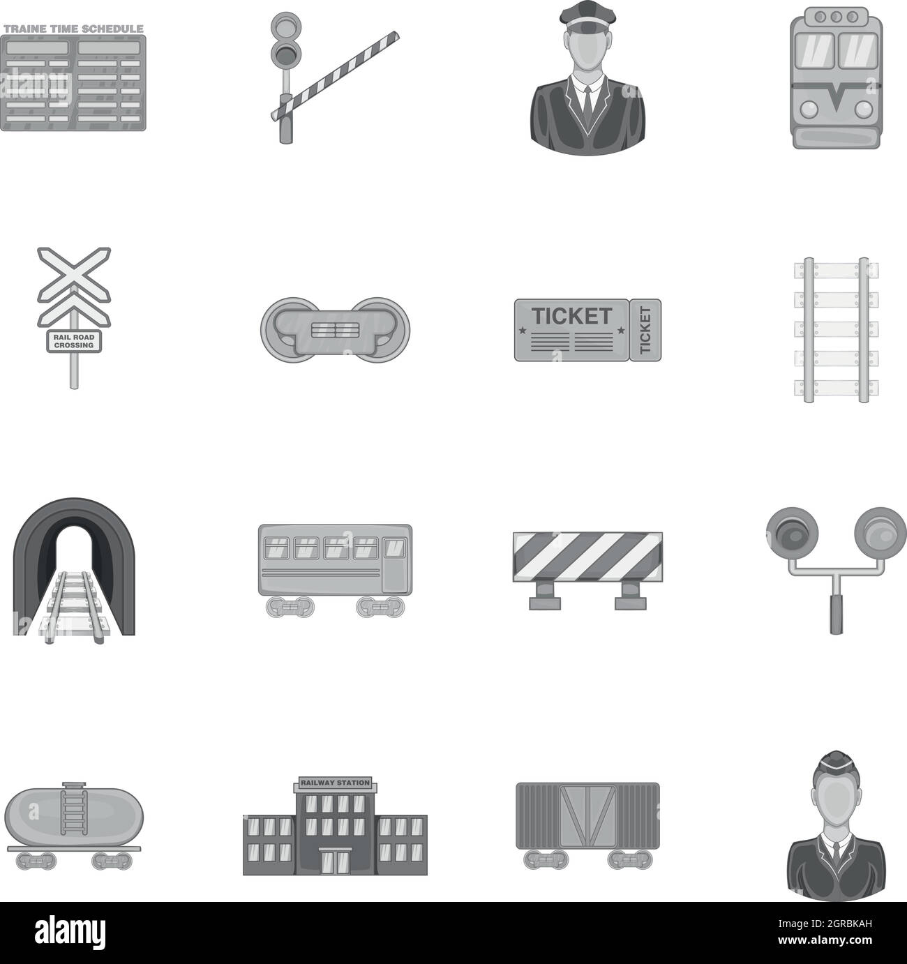 Railway icons set, black monochrome style Stock Vector