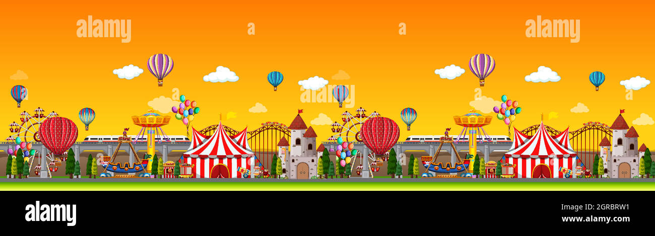 Amusement park scene at daytime with balloons panorama Stock Vector ...