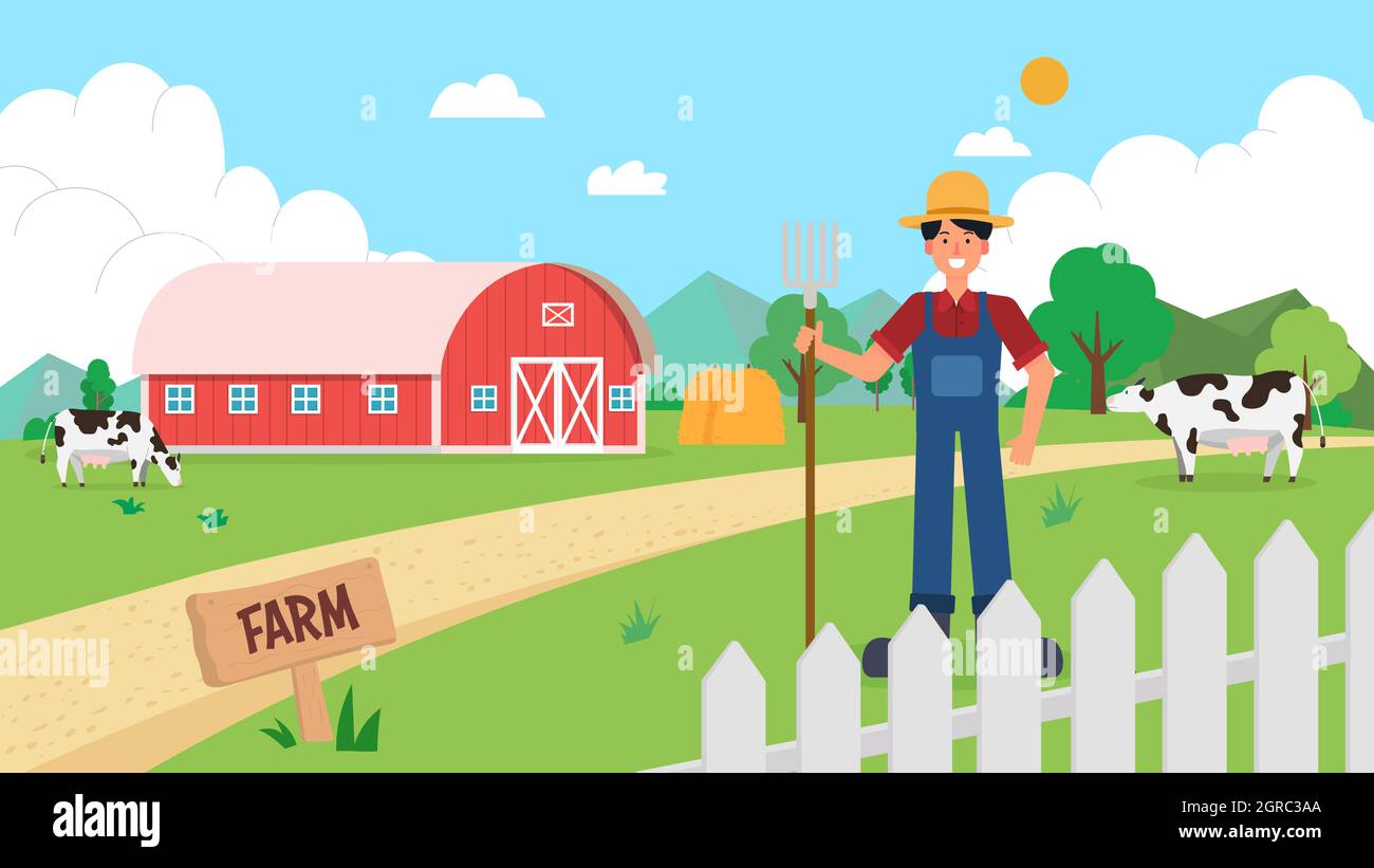Agriculture farm landascape with farmer and animal vector illustration ...