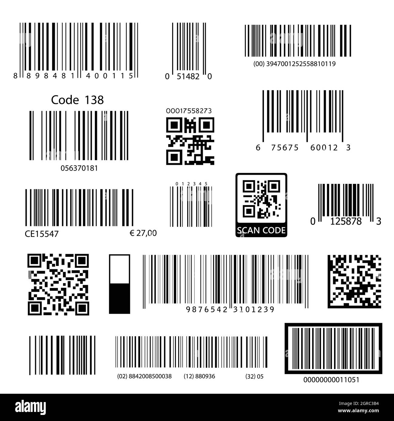 Barcodes. Supermarket scan code bars and qr codes, industrial barcode price black labels realistic isolated vector set Stock Vector