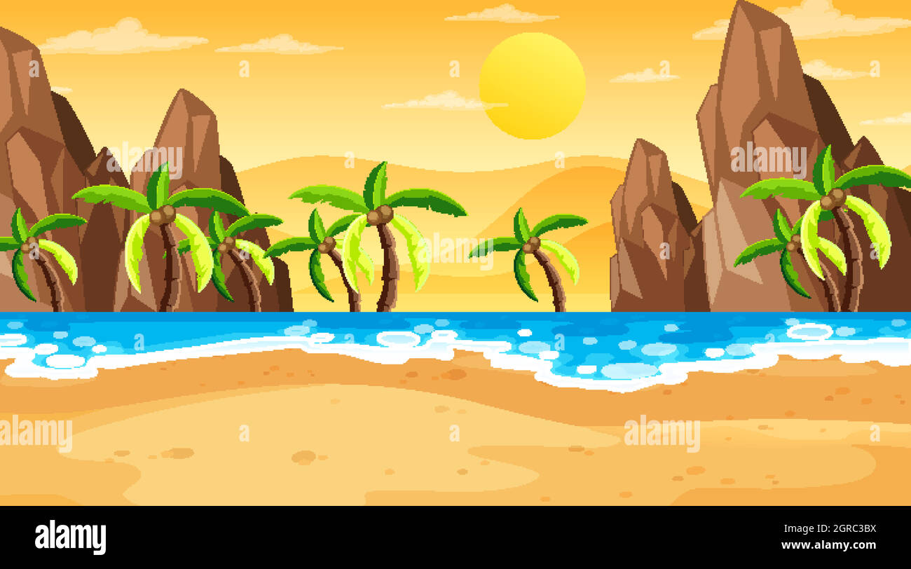 Tropical beach landscape scene at sunset time Stock Vector Image & Art ...
